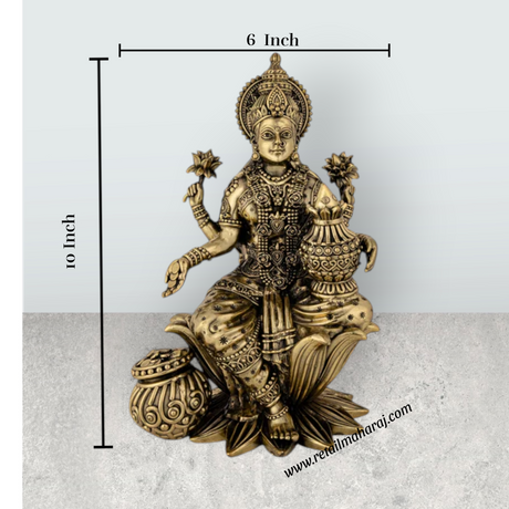 Lakshmi Sitting On Lotus Base Murti - 10 x 6 Inches | Antique Brass Idol / Maha Laxmi Statue / Decor For Home & Pooja - Retail Maharaj