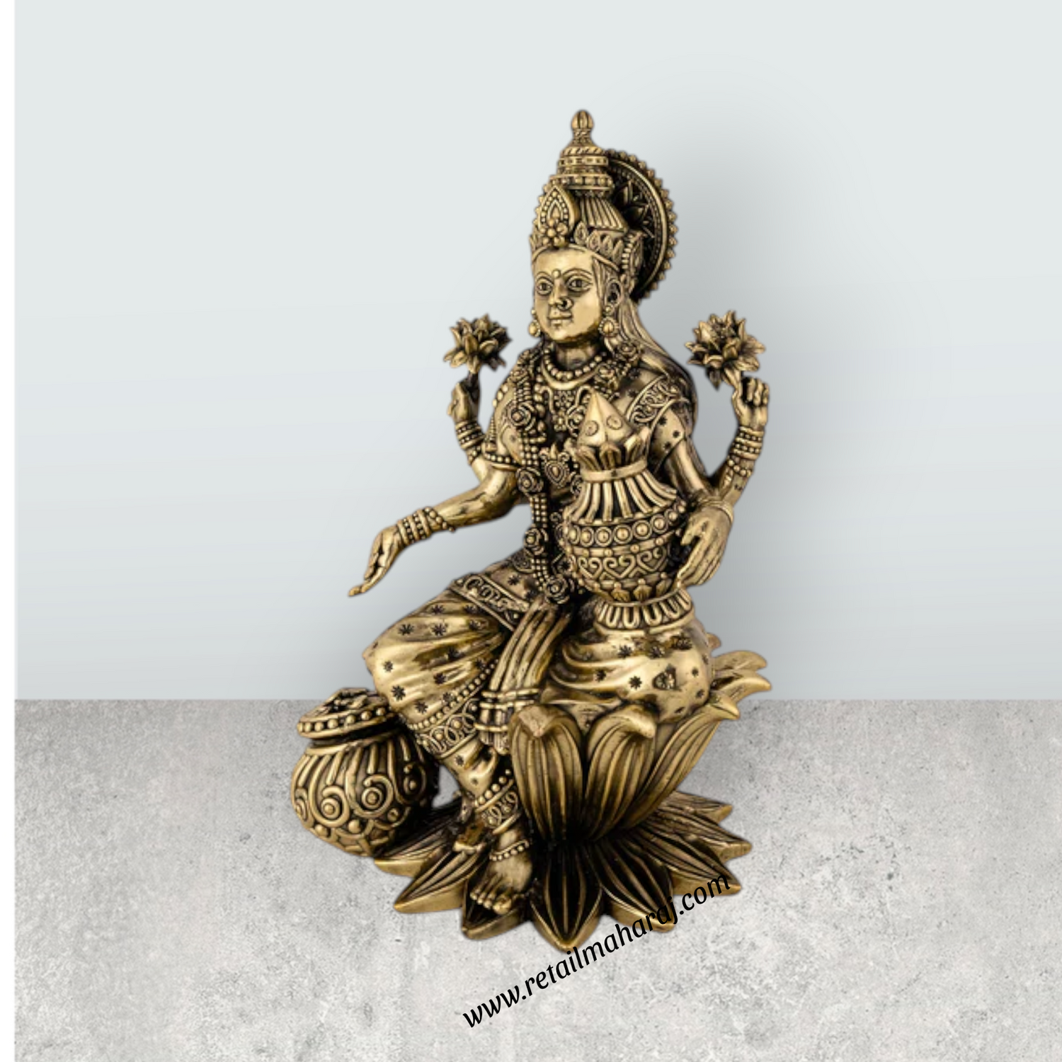 Lakshmi Sitting On Lotus Base Murti - 10 x 6 Inches | Antique Brass Idol / Maha Laxmi Statue / Decor For Home & Pooja - Retail Maharaj
