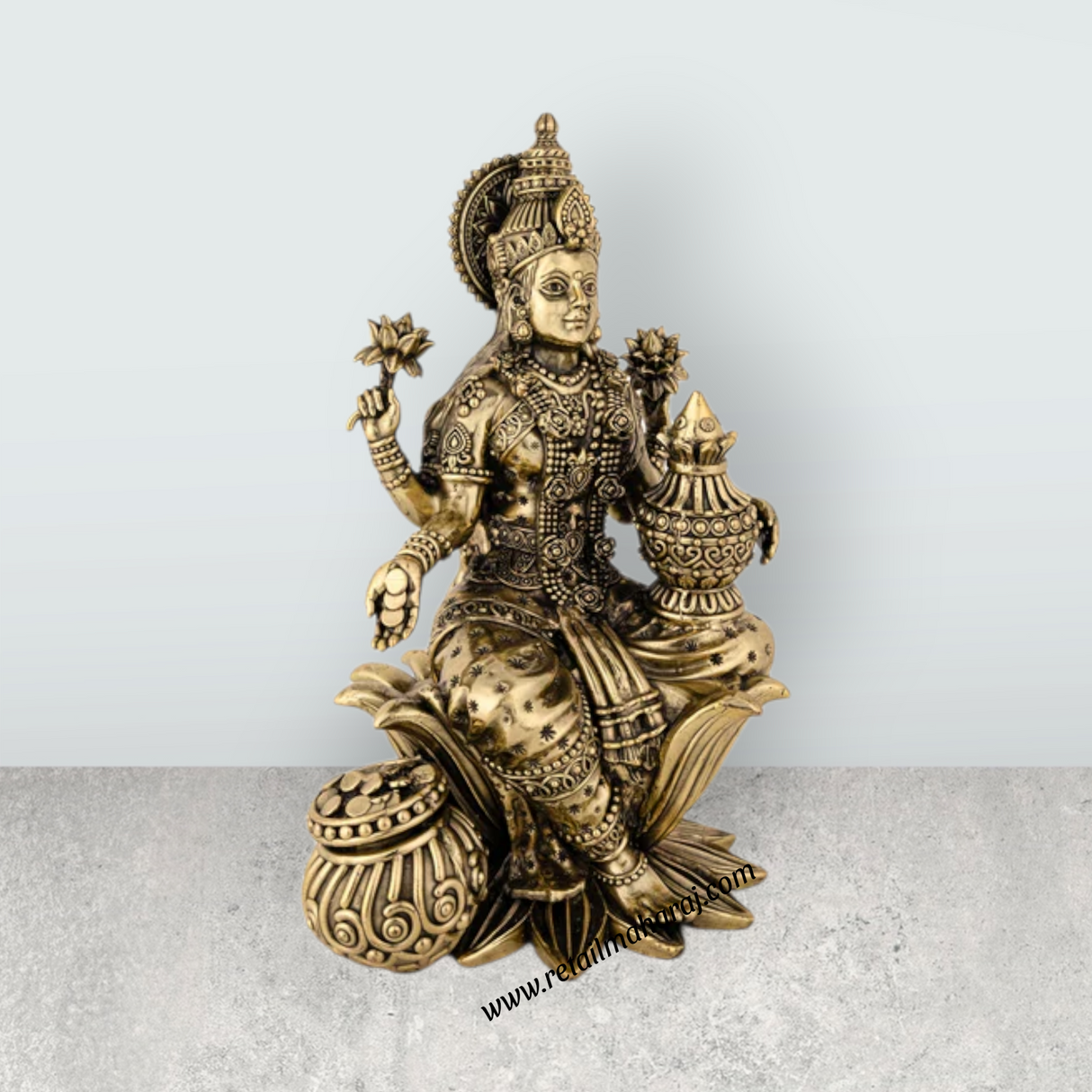 Lakshmi Sitting On Lotus Base Murti - 10 x 6 Inches | Antique Brass Idol / Maha Laxmi Statue / Decor For Home & Pooja - Retail Maharaj