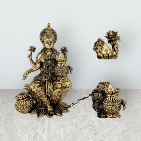 Lakshmi Sitting On Lotus Base Murti - 10 x 6 Inches | Antique Brass Idol / Maha Laxmi Statue / Decor For Home & Pooja - Retail Maharaj