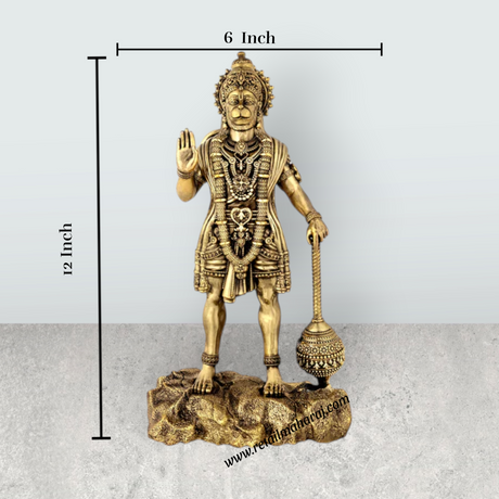Hanuman Standing On Base Murti - 12 x 6 Inches | Antique Brass Statue / Anjaneyar Sculpture For Home Decor - Retail Maharaj