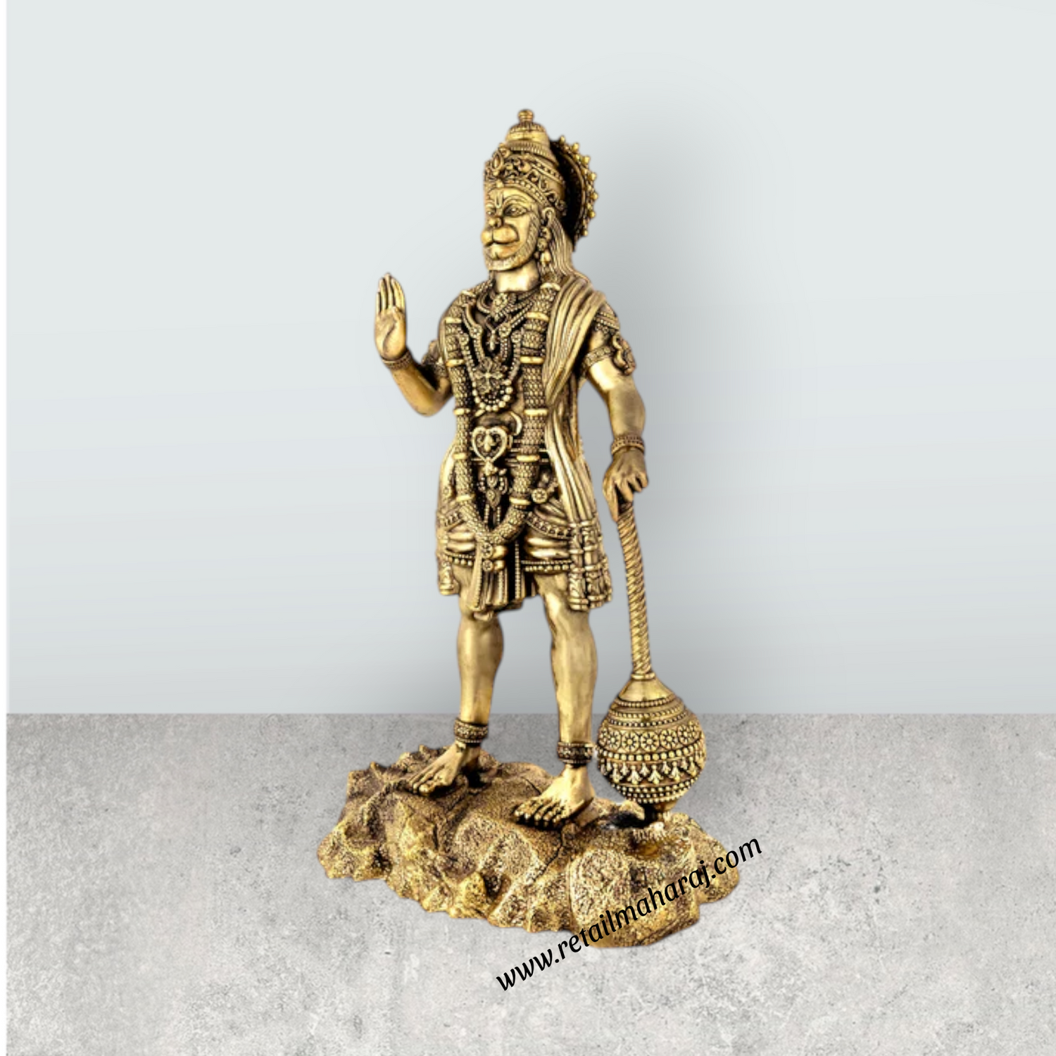 Hanuman Standing On Base Murti - 12 x 6 Inches | Antique Brass Statue / Anjaneyar Sculpture For Home Decor - Retail Maharaj