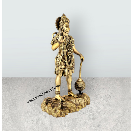 Hanuman Standing On Base Murti - 12 x 6 Inches | Antique Brass Statue / Anjaneyar Sculpture For Home Decor - Retail Maharaj