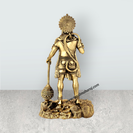 Hanuman Standing On Base Murti - 12 x 6 Inches | Antique Brass Statue / Anjaneyar Sculpture For Home Decor - Retail Maharaj