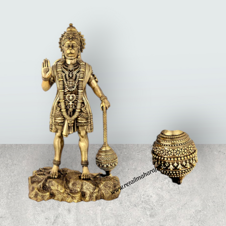 Hanuman Standing On Base Murti - 12 x 6 Inches | Antique Brass Statue / Anjaneyar Sculpture For Home Decor - Retail Maharaj