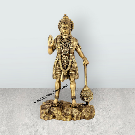 Hanuman Standing On Base Murti - 12 x 6 Inches | Antique Brass Statue / Anjaneyar Sculpture For Home Decor - Retail Maharaj