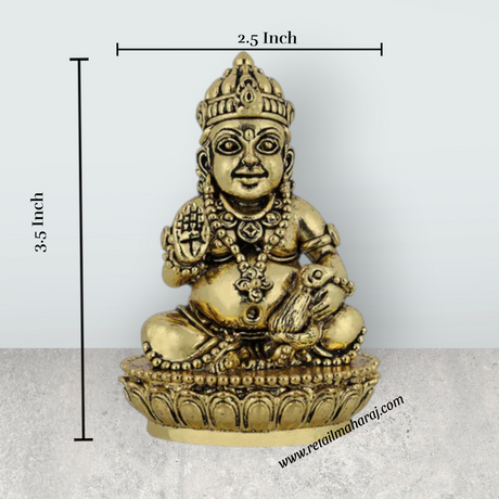 Kubera Statue Sitting On Base – 3.5 X 2.5 Inches Antique Brass Idol Kuber Murti For Wealth And Prosperity - Retail Maharaj