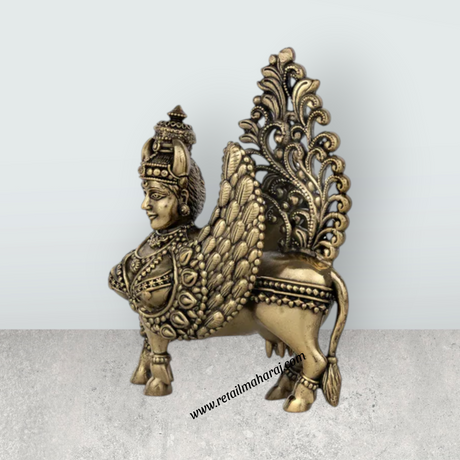 Kamadhenu Idol – 4.5 x 3.5 Inches | Antique Brass Idol / Kamadhenu Cow Statue for Home & Pooja Decor - Retail Maharaj