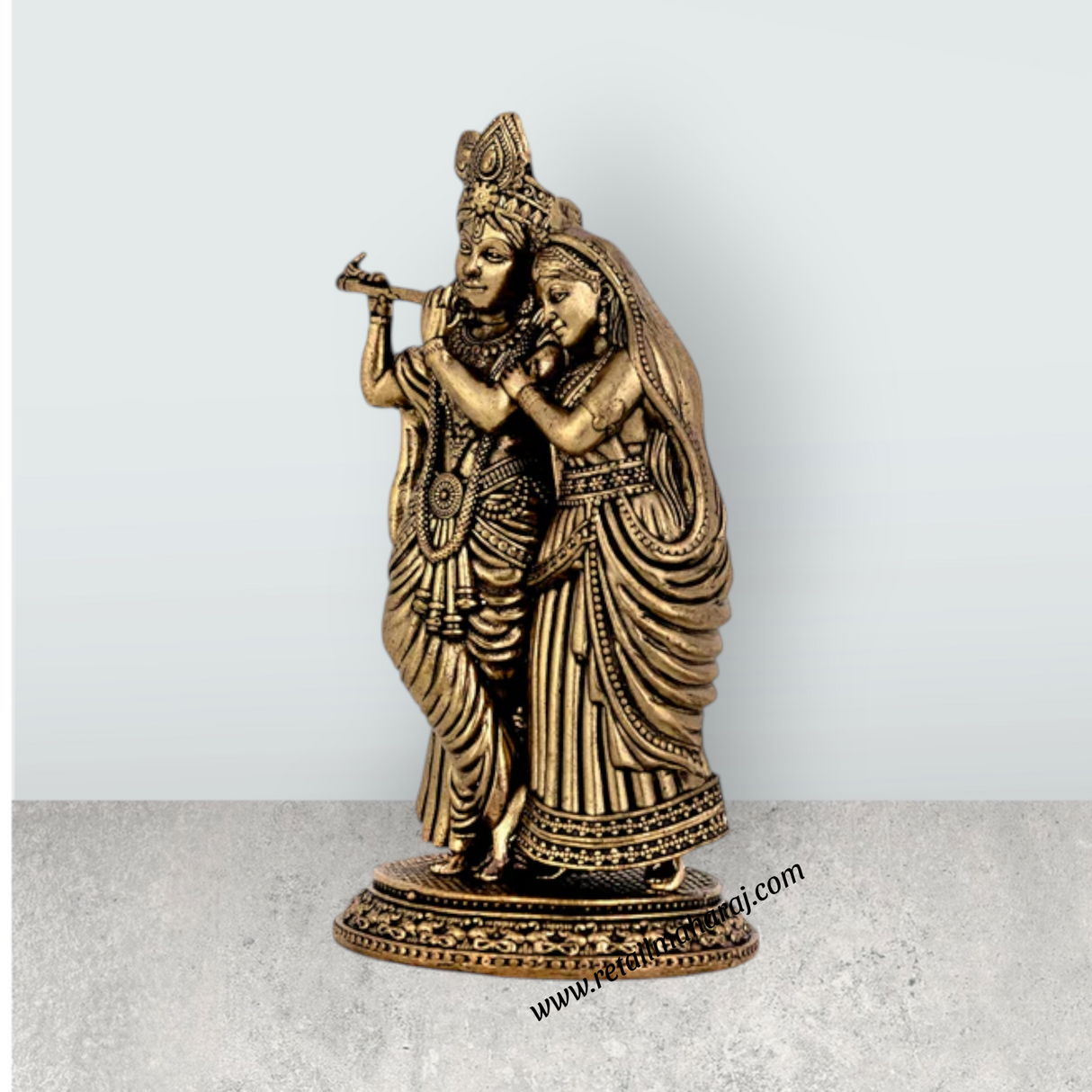 Radha Krishna Standing On Base Murti - 4.25 x 2.25 Inches | Antique Brass Idol / Radha Krishna Statue For Home - Retail Maharaj