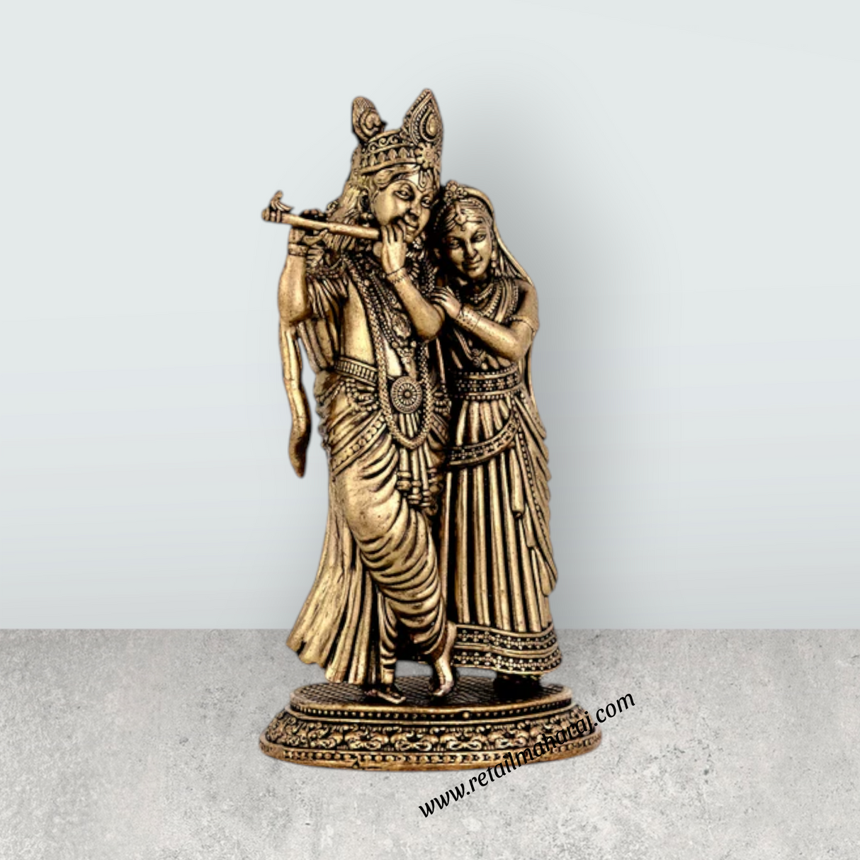 Radha Krishna Standing On Base Murti - 4.25 x 2.25 Inches | Antique Brass Idol / Radha Krishna Statue For Home - Retail Maharaj