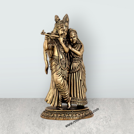 Radha Krishna Standing On Base Murti - 4.25 x 2.25 Inches | Antique Brass Idol / Radha Krishna Statue For Home - Retail Maharaj