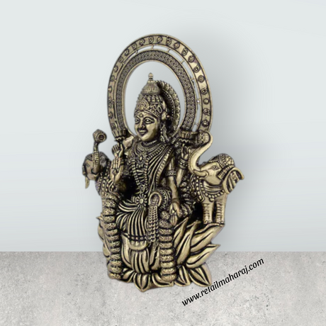 Gajalakshmi Sitting On Kamal Base Murti – Antique Brass Gajalakshmi Statue for Home & Pooja (4 x 3 Inches) - Retail Maharaj