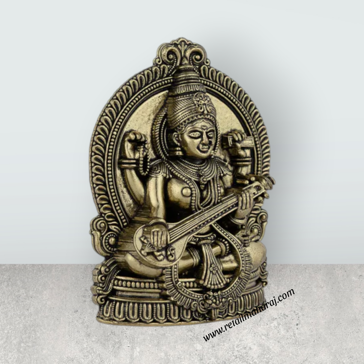 Saraswati Sitting on Base Murti - 4 x 2.75 Inches | Antique Brass Idol / Vagdevi Statue for Pooja - Retail Maharaj