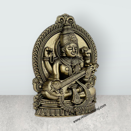Saraswati Sitting on Base Murti - 4 x 2.75 Inches | Antique Brass Idol / Vagdevi Statue for Pooja - Retail Maharaj