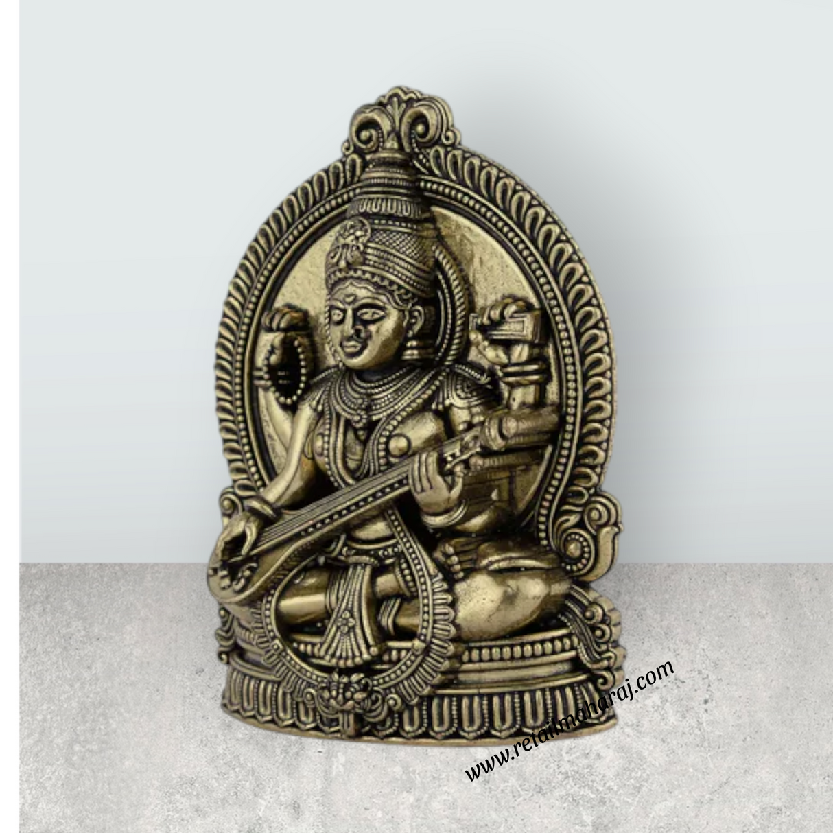 Saraswati Sitting on Base Murti - 4 x 2.75 Inches | Antique Brass Idol / Vagdevi Statue for Pooja - Retail Maharaj
