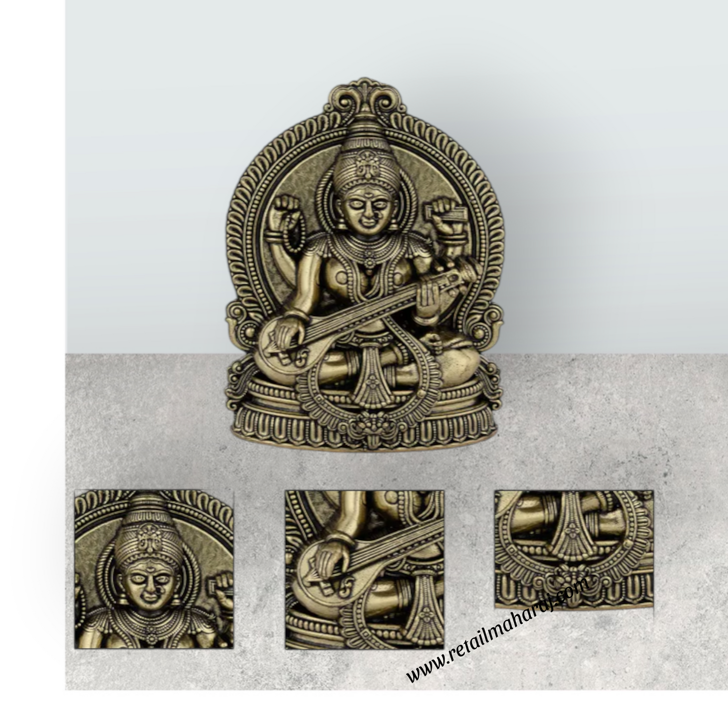 Saraswati Sitting on Base Murti - 4 x 2.75 Inches | Antique Brass Idol / Vagdevi Statue for Pooja - Retail Maharaj