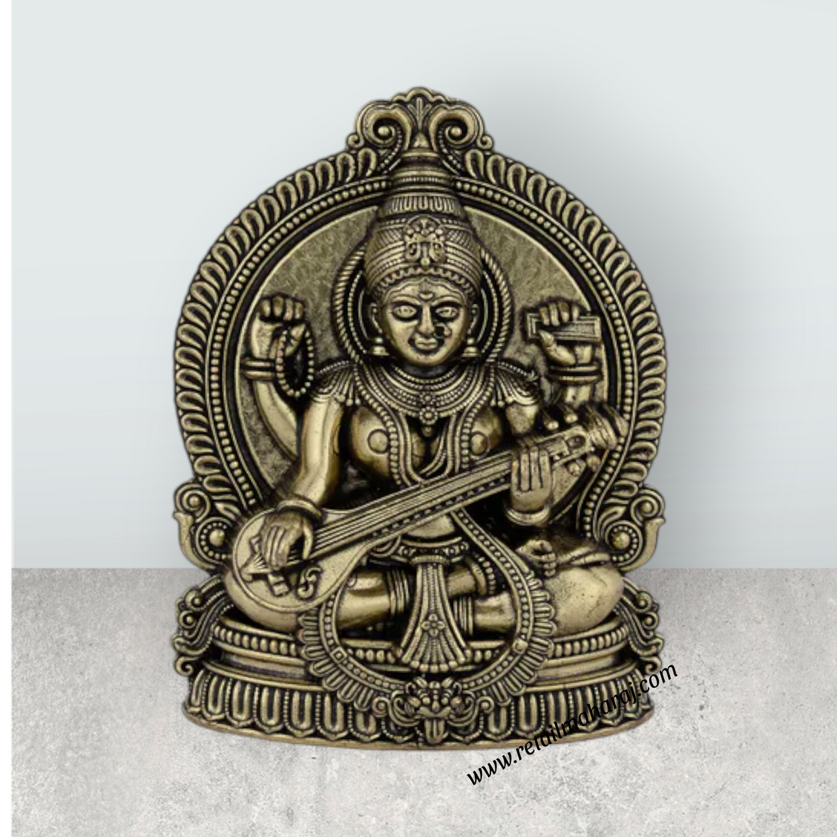 Saraswati Sitting on Base Murti - 4 x 2.75 Inches | Antique Brass Idol / Vagdevi Statue for Pooja - Retail Maharaj