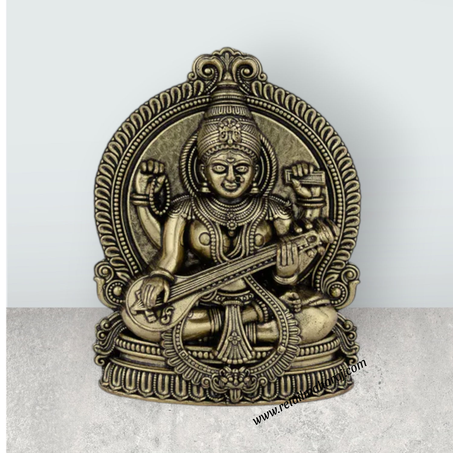 Saraswati Sitting on Base Murti - 4 x 2.75 Inches | Antique Brass Idol / Vagdevi Statue for Pooja - Retail Maharaj