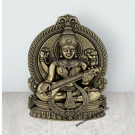 Saraswati Sitting on Base Murti - 4 x 2.75 Inches | Antique Brass Idol / Vagdevi Statue for Pooja - Retail Maharaj