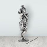Flute Krishna Murti Standing On Base – 7.5 x 3.5 Inches German Silver & Antique Polish Krishna Idol for Worship - Retail Maharaj