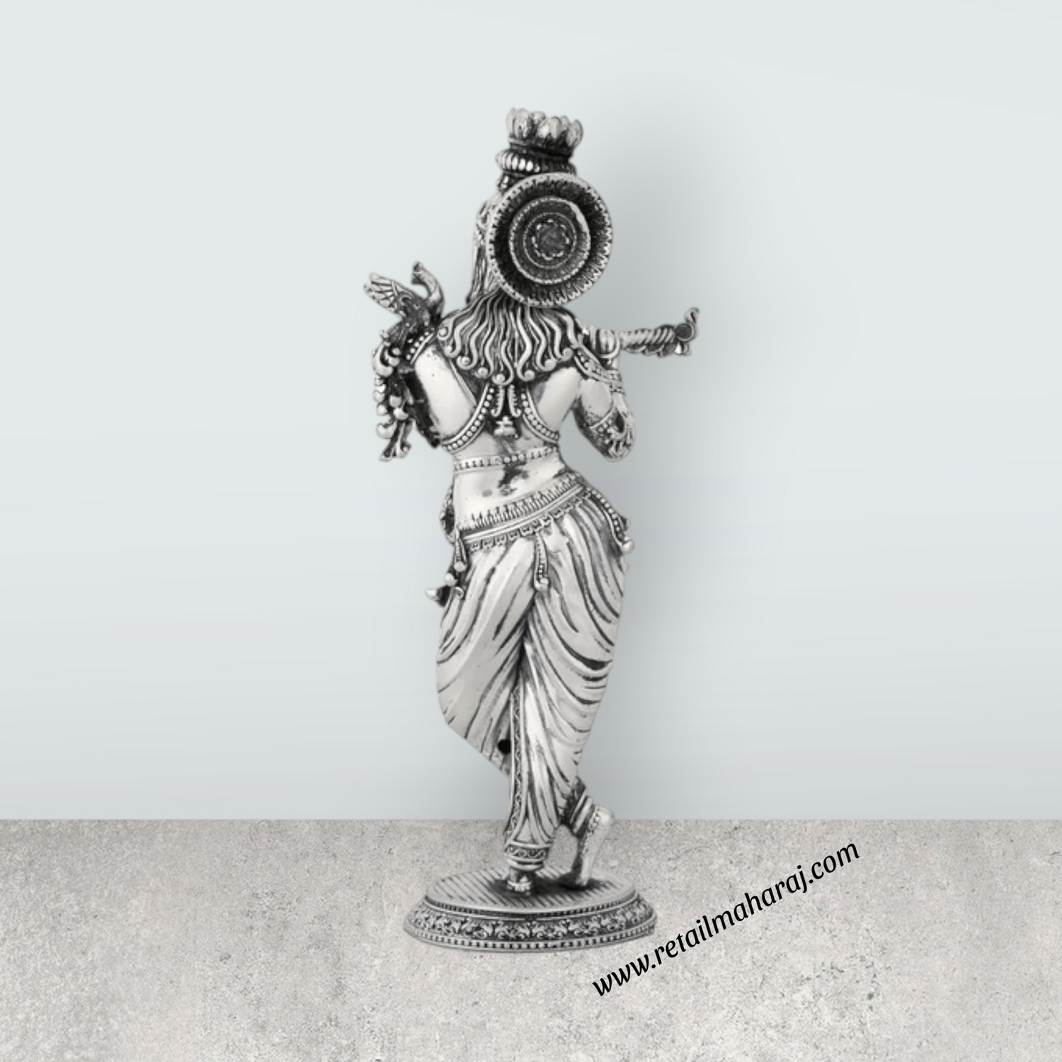 Flute Krishna Murti Standing On Base – 7.5 x 3.5 Inches German Silver & Antique Polish Krishna Idol for Worship - Retail Maharaj