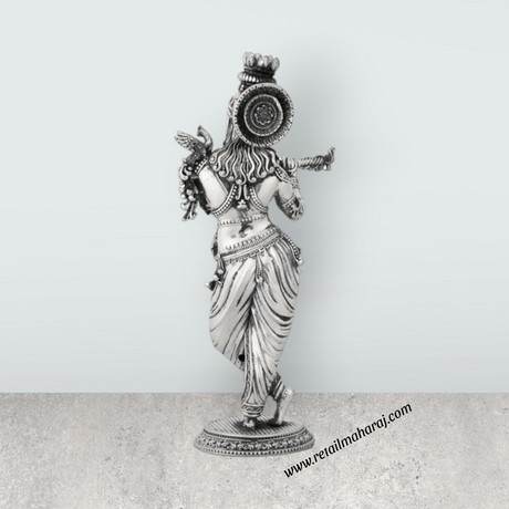 Flute Krishna Murti Standing On Base – 7.5 x 3.5 Inches German Silver & Antique Polish Krishna Idol for Worship - Retail Maharaj