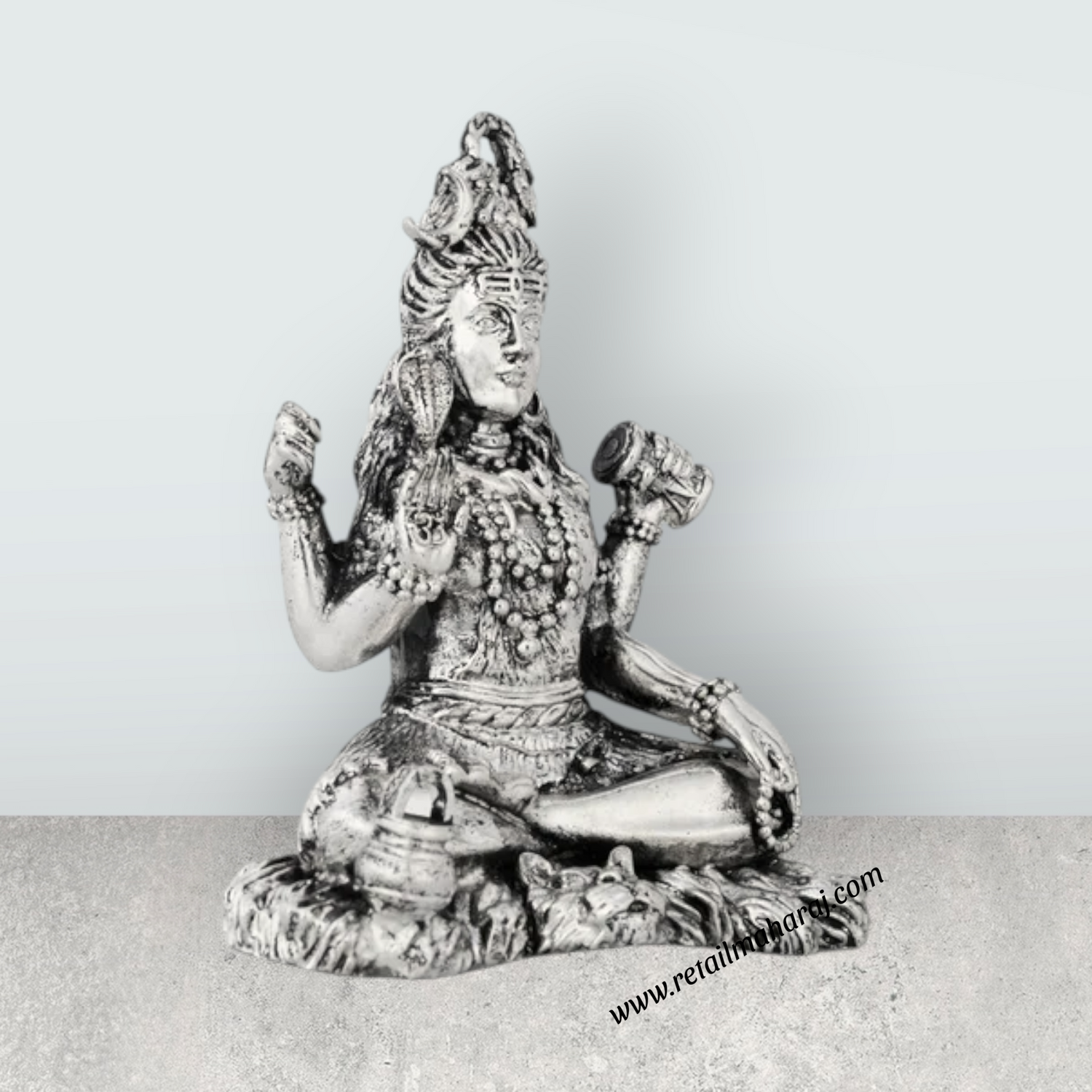 Shiva Statue Sitting On Base – 4 x 3 Inches German Silver Shiv Murti Antique Polish for Pooja - Retail Maharaj