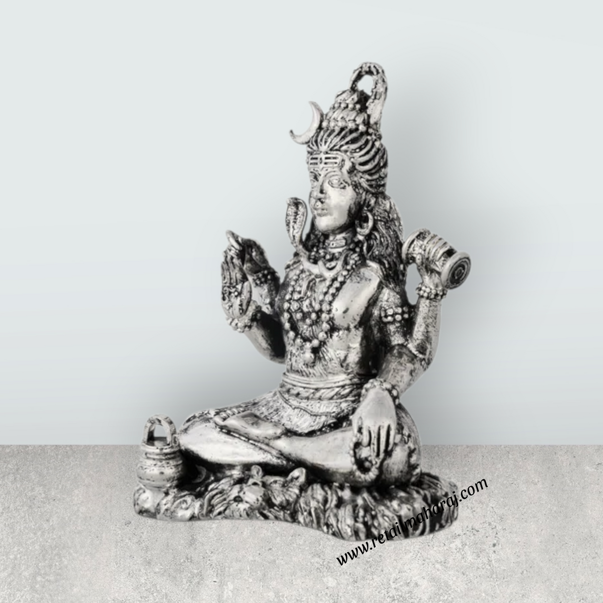Shiva Statue Sitting On Base – 4 x 3 Inches German Silver Shiv Murti Antique Polish for Pooja - Retail Maharaj