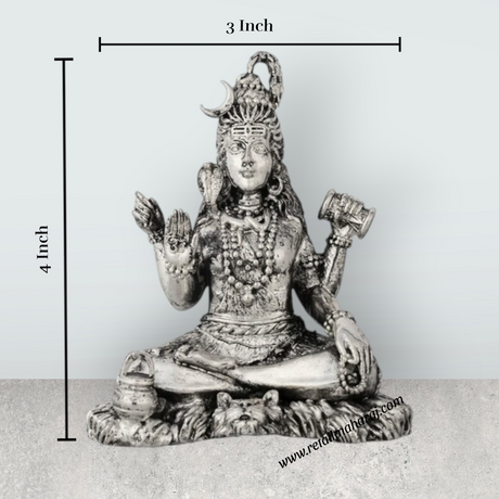Shiva Statue Sitting On Base – 4 x 3 Inches German Silver Shiv Murti Antique Polish for Pooja - Retail Maharaj