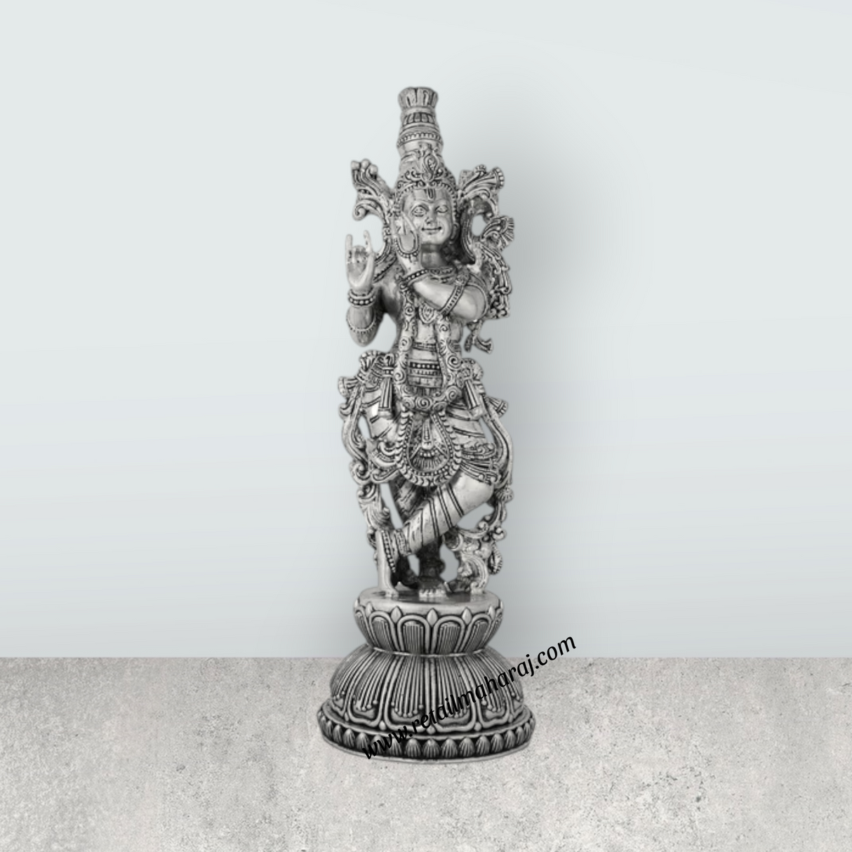 Krishna Murti Standing On Base - 11 x 3.5 Inches | German Silver & Antique Polish Krishna Idol for Worship - Retail Maharaj