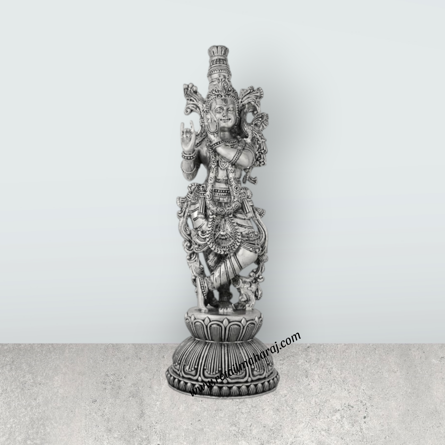Krishna Murti Standing On Base - 11 x 3.5 Inches | German Silver & Antique Polish Krishna Idol for Worship - Retail Maharaj