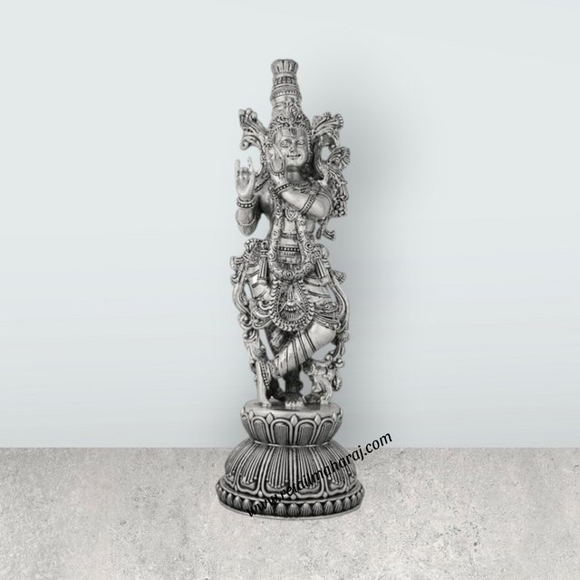 Krishna Murti Standing On Base - 11 x 3.5 Inches | German Silver & Antique Polish Krishna Idol for Worship - Retail Maharaj