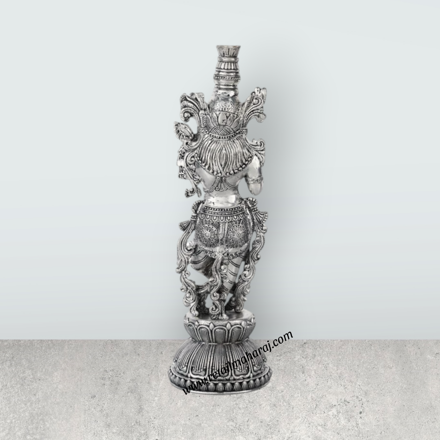 Krishna Murti Standing On Base - 11 x 3.5 Inches | German Silver & Antique Polish Krishna Idol for Worship - Retail Maharaj