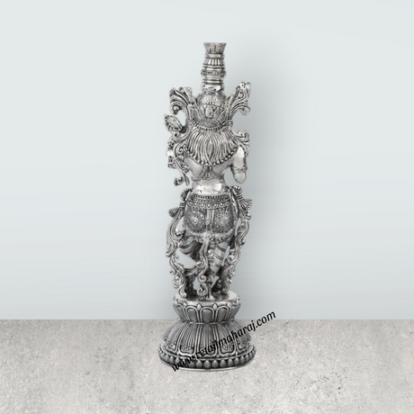 Krishna Murti Standing On Base - 11 x 3.5 Inches | German Silver & Antique Polish Krishna Idol for Worship - Retail Maharaj