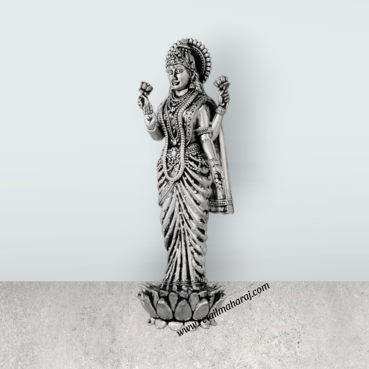 Lakshmi Idol Standing On Lotus Base – 7 x 2.5 Inches German Silver & Antique Polish Laxmi Idol for Worship - Retail Maharaj