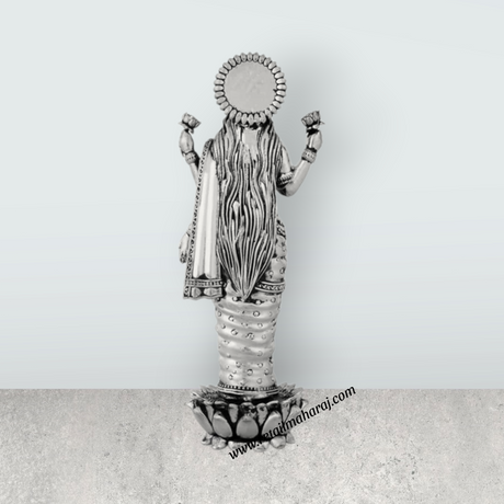 Lakshmi Idol Standing On Lotus Base – 7 x 2.5 Inches German Silver & Antique Polish Laxmi Idol for Worship - Retail Maharaj