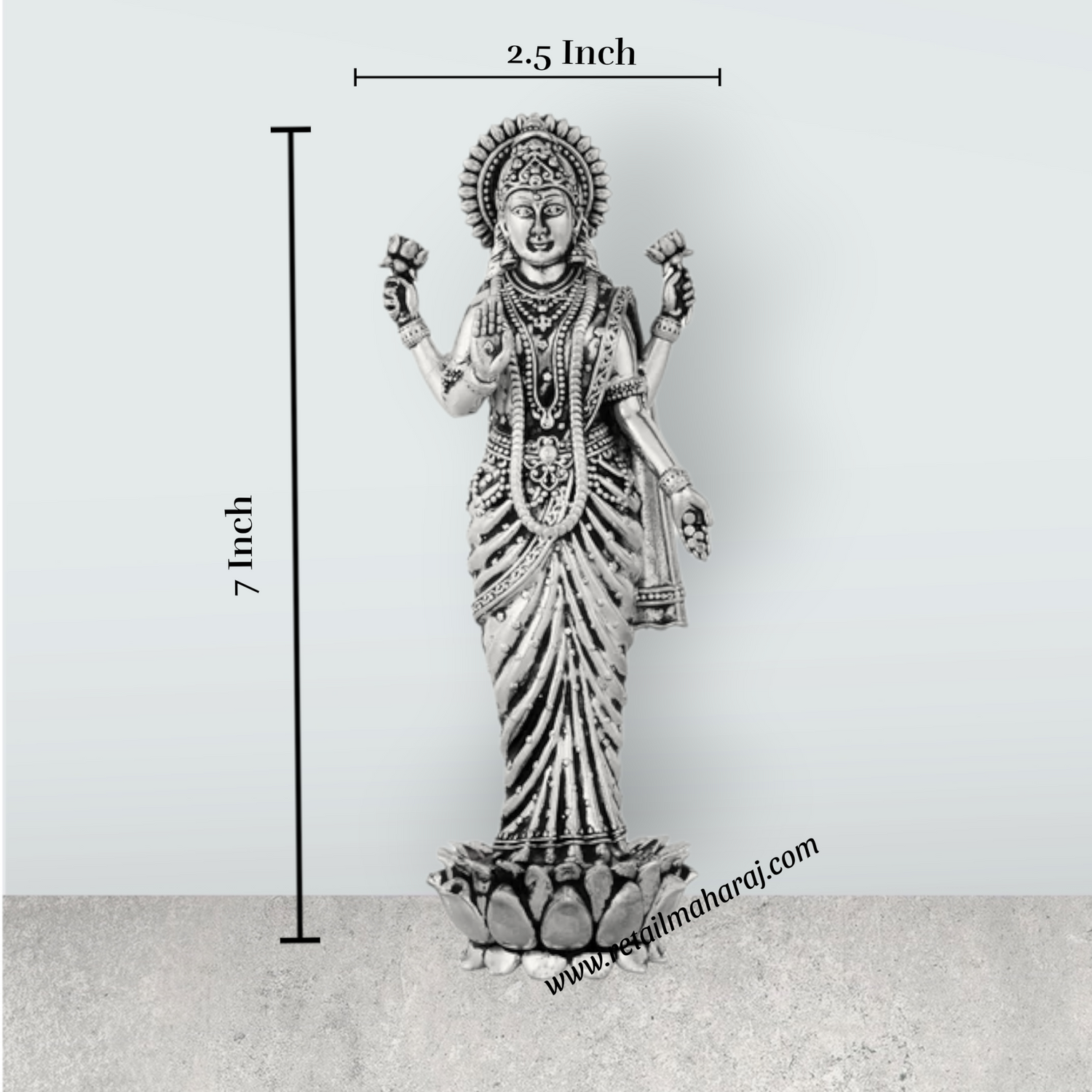 Lakshmi Idol Standing On Lotus Base – 7 x 2.5 Inches German Silver & Antique Polish Laxmi Idol for Worship - Retail Maharaj