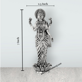Lakshmi Idol Standing On Lotus Base – 7 x 2.5 Inches German Silver & Antique Polish Laxmi Idol for Worship - Retail Maharaj