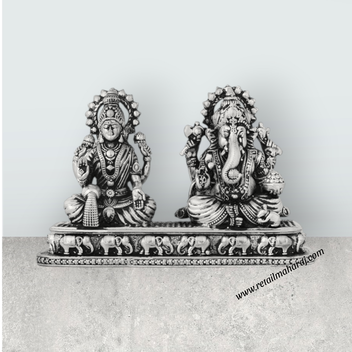 Lakshmi Murti & Ganesh Murti Sitting On Base – 3 x 4.25 Inches German Silver Antique Polish Idol for Pooja - Retail Maharaj