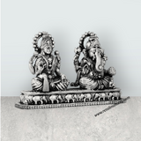 Lakshmi Murti & Ganesh Murti Sitting On Base – 3 x 4.25 Inches German Silver Antique Polish Idol for Pooja - Retail Maharaj