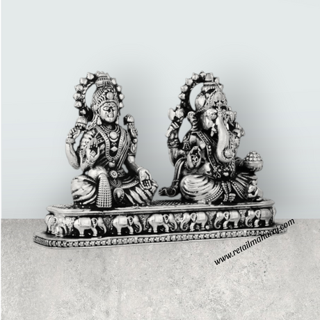 Lakshmi Murti & Ganesh Murti Sitting On Base – 3 x 4.25 Inches German Silver Antique Polish Idol for Pooja - Retail Maharaj