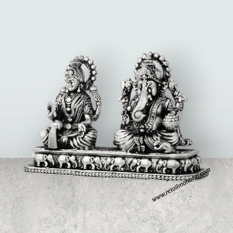 Lakshmi Murti & Ganesh Murti Sitting On Base – 3 x 4.25 Inches German Silver Antique Polish Idol for Pooja - Retail Maharaj