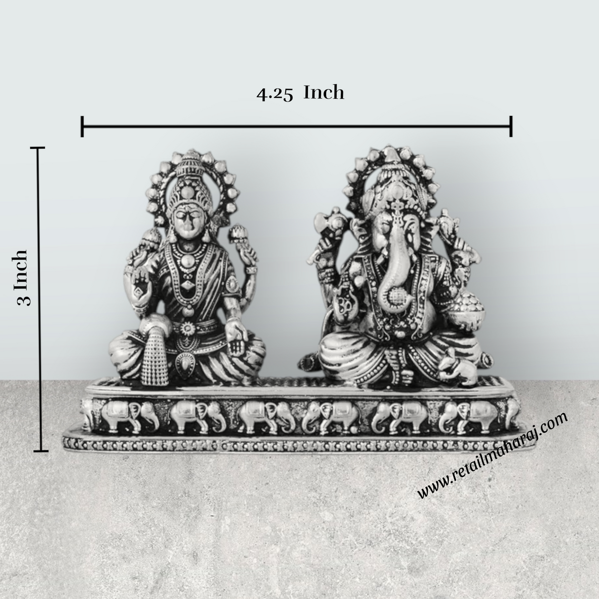 Lakshmi Murti & Ganesh Murti Sitting On Base – 3 x 4.25 Inches German Silver Antique Polish Idol for Pooja - Retail Maharaj