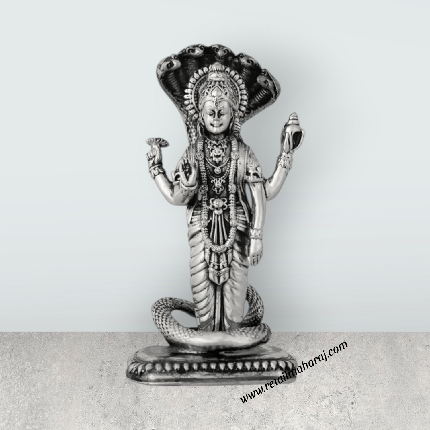 Vishnu Murti With Sheshnag Standing On Base – 4 x 2 Inches German Silver & Antique Polish Vishnu Idol for Pooja - Retail Maharaj