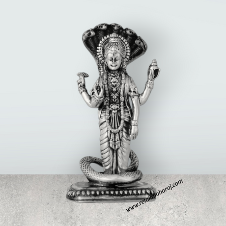 Vishnu Murti With Sheshnag Standing On Base – 4 x 2 Inches German Silver & Antique Polish Vishnu Idol for Pooja - Retail Maharaj