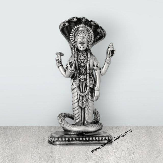 Vishnu Murti With Sheshnag Standing On Base – 4 x 2 Inches German Silver & Antique Polish Vishnu Idol for Pooja - Retail Maharaj