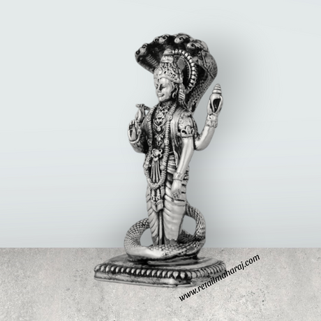 Vishnu Murti With Sheshnag Standing On Base – 4 x 2 Inches German Silver & Antique Polish Vishnu Idol for Pooja - Retail Maharaj