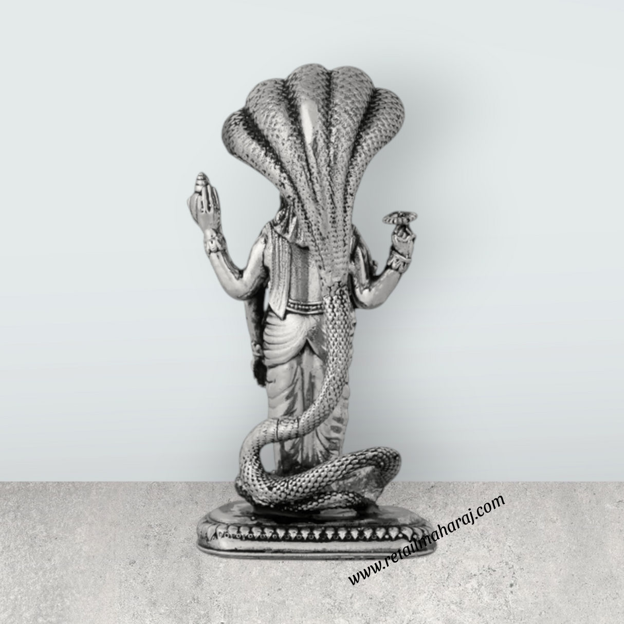 Vishnu Murti With Sheshnag Standing On Base – 4 x 2 Inches German Silver & Antique Polish Vishnu Idol for Pooja - Retail Maharaj