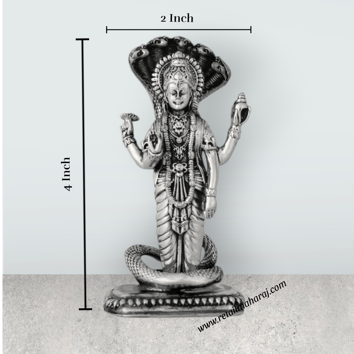 Vishnu Murti With Sheshnag Standing On Base – 4 x 2 Inches German Silver & Antique Polish Vishnu Idol for Pooja - Retail Maharaj