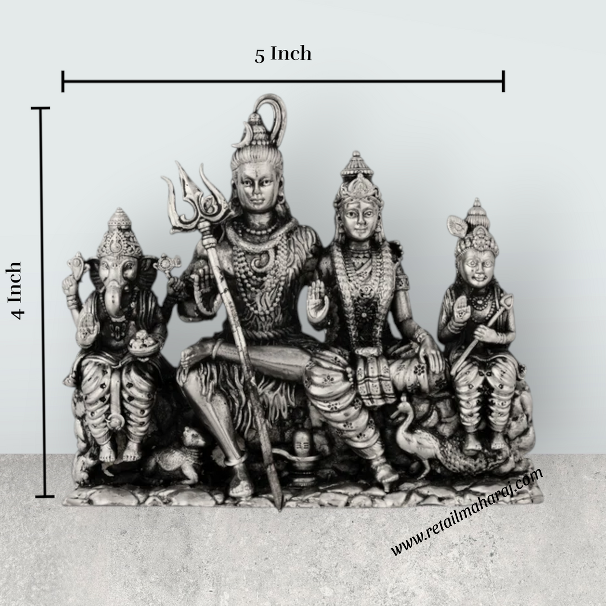 Shiv Family Murti Sitting On Base – 4 x 5 Inches German Silver / Antique Polish Shiva Family Statue for Worship - Retail Maharaj